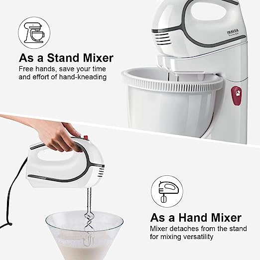 INALSA Stand Mixer cum Hand Mixer Promix | 500 Watt | Quick Burst Technology | 2.5 L Self Rotation Bowl |5 Variable Speeds with Turbo Function| Detachable Base | Dough & Beater Hooks| White / Grey INALSA Stand Mixer cum Hand Mixer Promix | 500 Watt | Quick Burst Technology | 2.5 L Self Rotation Bowl |5 Variable Speeds with Turbo Function| Detachable Base | Dough & Beater Hooks| White / Grey